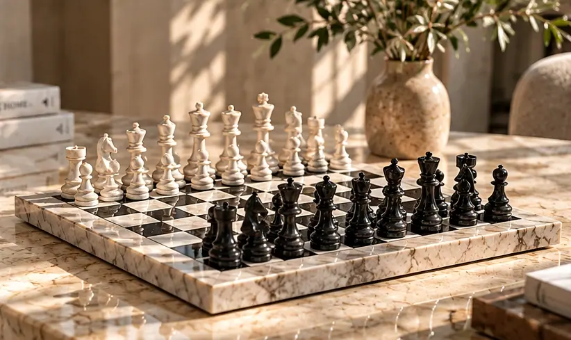 Editorial interior scene featuring a natural-stone black and white chess set in warm daylight