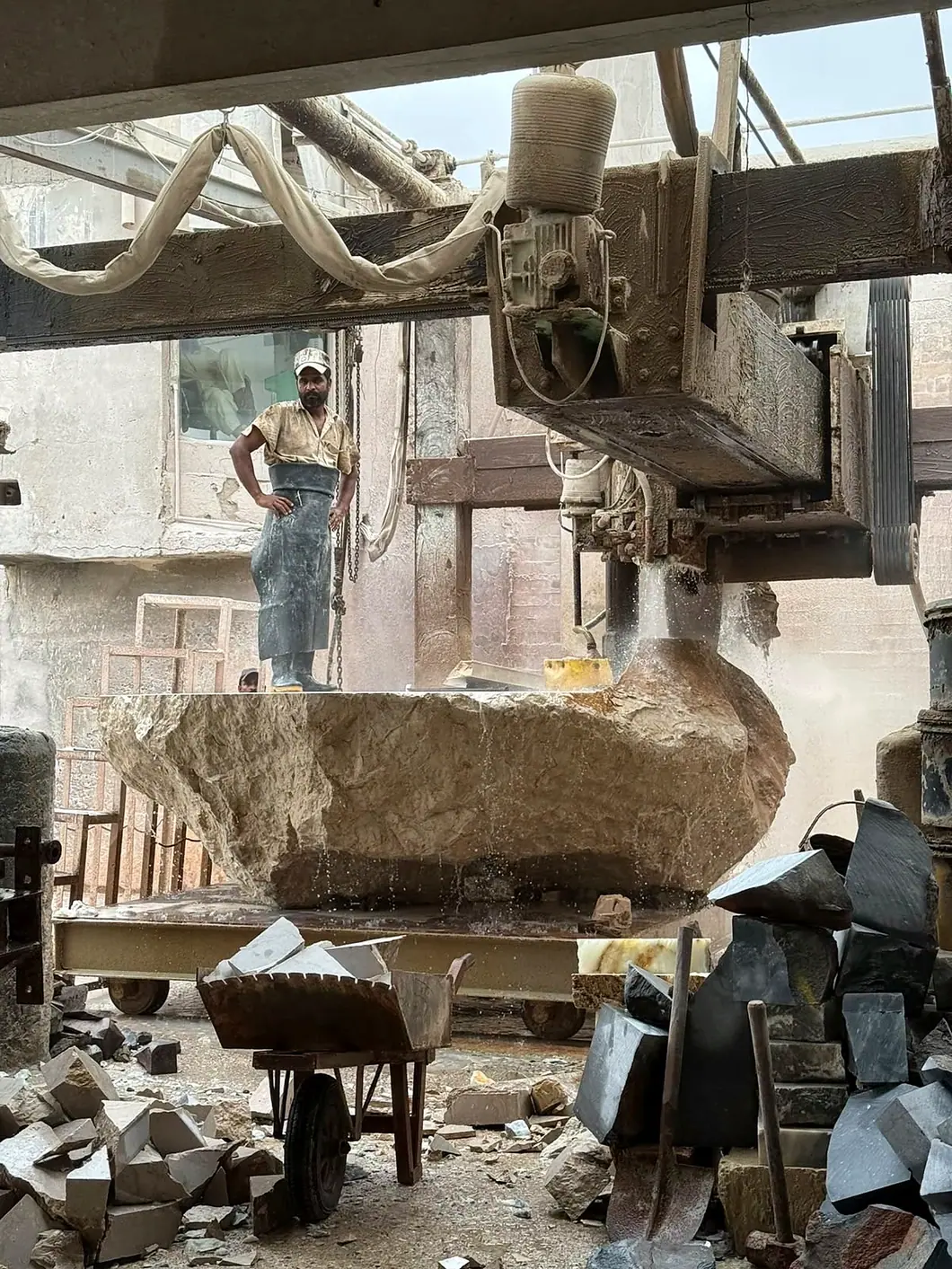 Actual stone-cutting equipment and workshop at A.Divine family manufacturing facility